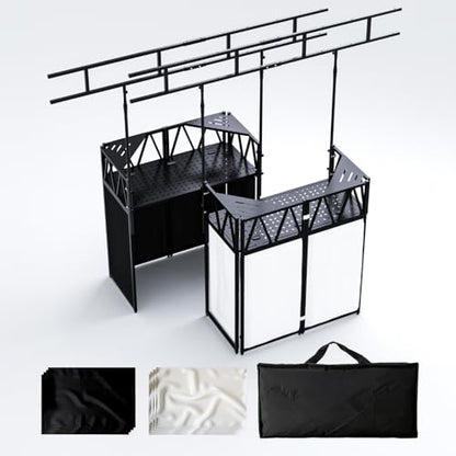 Portable DJ Booth,Foldable DJ Table Stand with Light Stand White & Black Scrim,Adjustable DJ Facade Booth Station Triangle Plate Metal Frame DJ Table with Cable Hole for Private Events, Clubs, Bars - size: 40*20 Light Stand