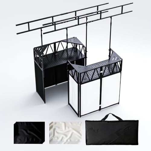 Portable DJ Booth,Foldable DJ Table Stand with Light Stand White & Black Scrim,Adjustable DJ Facade Booth Station Triangle Plate Metal Frame DJ Table with Cable Hole for Private Events, Clubs, Bars - size: 40*20 Light Stand