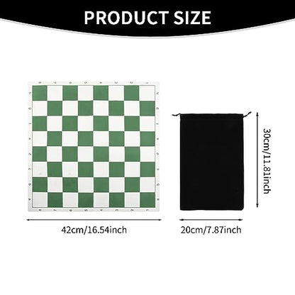 Portable Chess & Checkers Set, 42cm Tournament Chess Mat with Chesses & Storage Bag, PU Leather Tournament Roll Up Chessboard Travel Sets(Color:Green)