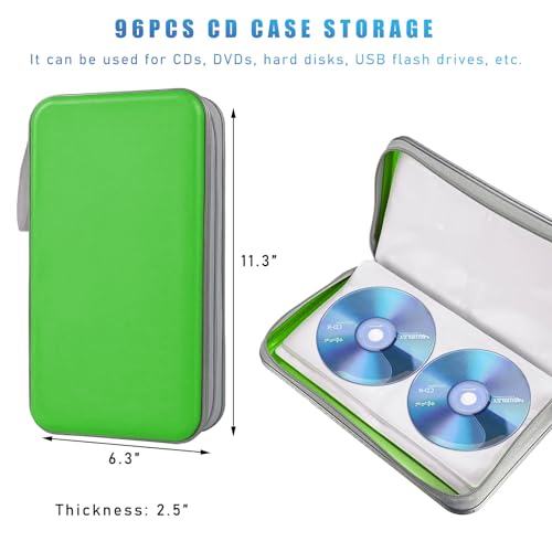 Car CD DVD Case, 96 Capacity Hard Plastic CD Holder, Portable Zipper DVD Disc Organizer Storage Wallet with Closure and Handy Strap, Car Accessories for Home Office Travel (Green)