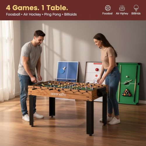 SereneLife Multi Game Table, 48” Sports Arcade Games with Accessories, Ping Pong, Hockey, Pool Billiards, Soccer Foosball All in One, for Indoor and Outdoor, Family, Kids and Adults