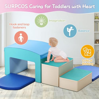 Foam Climbing Blocks for Toddlers - Soft Play Set for Toddlers 1-3 - Climbing Toys - Baby Climbing Gym Foam - with Slide Stairs and Tunnel - Great for All Ages (6 Pc Blue Soft Play Area Set) - color: Blue