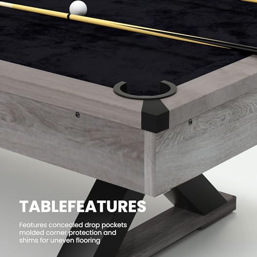 7 ft Pool Table, 84” Billiard Table with Billiard Balls, Cues, Cleaning Brush, X-Shaped Legs and Black Cloth, for Family Game Room, Adult Rrec Room, Basements or Garage