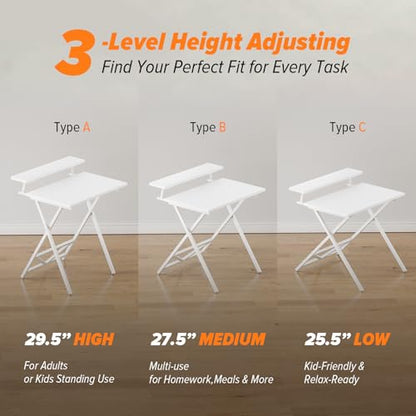 WOHOMO Folding Computer Desk with Adjustable Height, 23.6" x 31.5" x 25.6" Foldable Table with Monitor Stand, Small Office Desk for Bedroom, Space Saving Desk for Home Office, Easy Assemble, White - color: White
