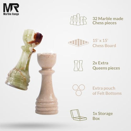 Marble Chess Set 15" Inches Verona & Green with Storage Box and 2 Extra Queen Handmade Classic Board Games for Adults, Luxury Marble Chess Board & Chess Pieces for Gifts - color: Verona & Green Onyx