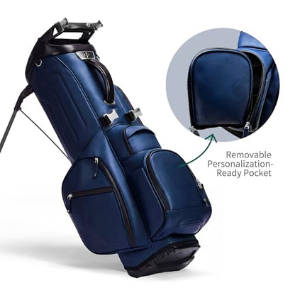 Luxury Faux Leather Golf Stand Bag, 4-Way Full-Length Divider Golf Bag with Carbon Fiber Stand, Cooler Pocket, Ergonomic Straps, Magnetic Pocket, Golf Club Bag with Rain Hood for Men/Women - color: Navy