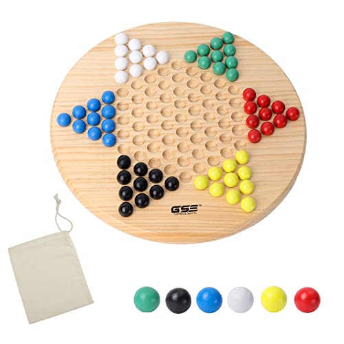 GSE Games & Sports Expert 11.5" Natural Wood Chinese Checkers Board Game Set with Wooden Colorful Marbles, Classic Strategy Family Board Game for Kids & Adults