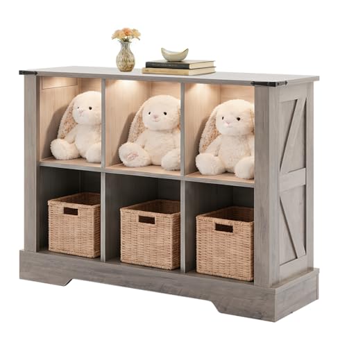 6 Cube Storage Organizer with LED Lights, Wooden Cube Bookcase with Back Panel, Grey Cube Shelf Freestanding Bookshelf, Hallway TV Stand for Living Room, Bedroom, Office - color: Grey, size: 6-cube