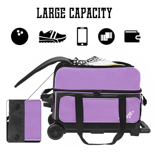 WOLT Double Roller 2 Ball Bowling Bag with Separate Shoe Compartment, Large Capacity Bowling Ball Bag with Accessory Pocket, Retractable Handle Extends to 40" - color: Purple