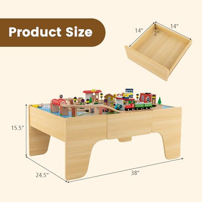Costzon Train Table, 3-in-1 Wooden Train Set Table w/Reversible 84 PCS Track Train Toys, Table Map & Storage Drawer for Building, Playing, Studying, Kids Activity Table for Toddlers Aged 18 M+ - size: 38" x 24.5" x 15.5" (L x W x H)