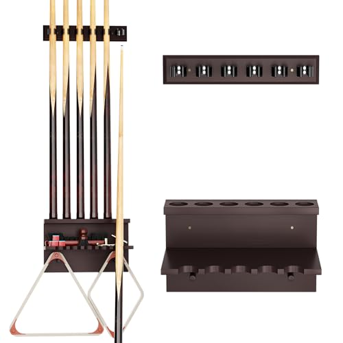Wall Mount Pool Stick Holder, Bamboo Billiards Cue wall Rack for 6 Cues and Pool Table Accessories Storage Equipment Organizer, Dark Brown