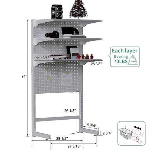 JWX DDB Standing Pegboard Shelf Unit, 30'' White Home Office shlef cabinets with Metal Pegboard and 15 Pieces Organizer Tool Holders - color: Frosted White
