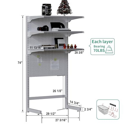 JWX DDB Standing Pegboard Shelf Unit, 30'' White Home Office shlef cabinets with Metal Pegboard and 15 Pieces Organizer Tool Holders - color: Frosted White
