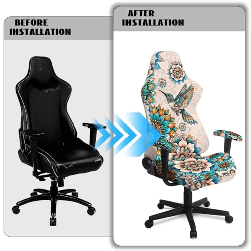 Hummingbird Print Gaming Chair Covers Slipcovers with Armrest Covers Boho Mandala Flower Print Office Desk Chair Cover Scratch Proof Anti-Dust Universal Fit - color: Brown - Hummingbird Boho Mandala Flower