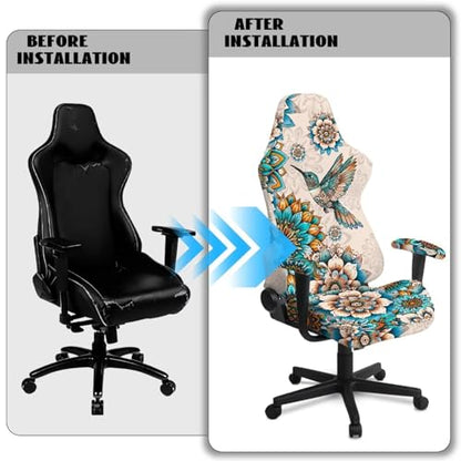 Hummingbird Print Gaming Chair Covers Slipcovers with Armrest Covers Boho Mandala Flower Print Office Desk Chair Cover Scratch Proof Anti-Dust Universal Fit - color: Brown - Hummingbird Boho Mandala Flower