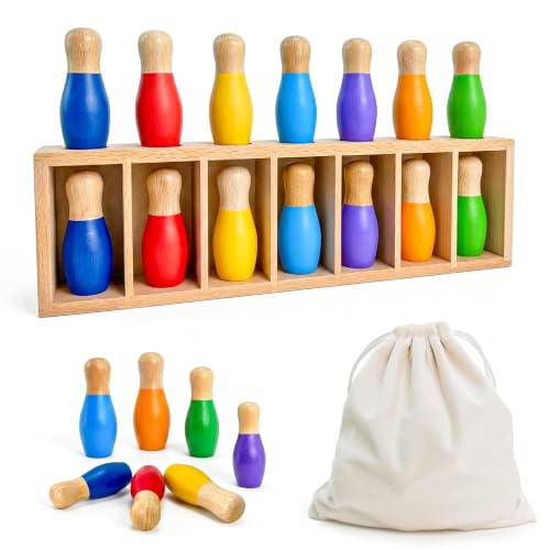 pamexin Family Games for Kids, Wooden Bowling Color Matching Game with 7 Bright Pins and Storage Bag, Family Board Games Party Birthday Gift, Fun Party Game for Boys Girls