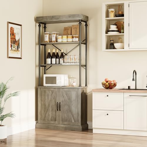 TrailBlaze Industrial Tall Bookshelf with Doors - 5-Tier Freestanding Wood & Metal Bookcase with Storage Cabinet and Drawers - Vintage Rustic Display Shelf - Bedroom, Living Room, Home Office - color: Grey
