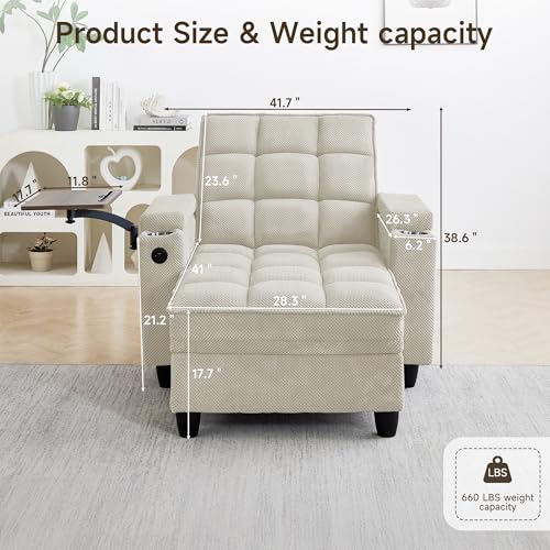 oaaktu Modern Tufted Linen Fabric Chaise Lounge Sofa Chair with Rotating Side Table,Storage,Pillow,USB Charging Ports and Adjustable Backrest Perfect for Living Room, Small Spaces (12-Beige) - color: 12-beige
