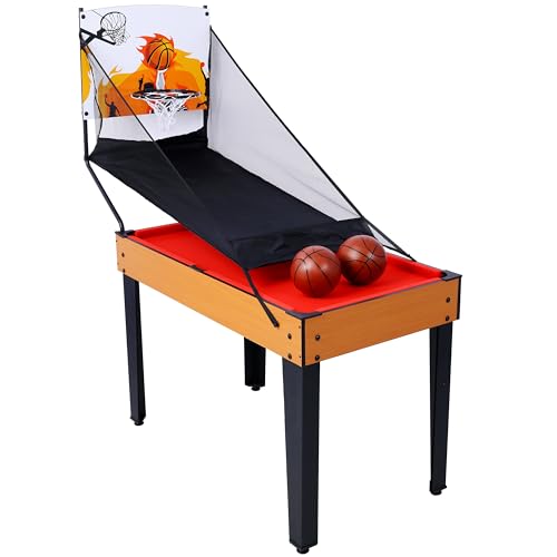 5-in-1 Multi-Game Table,Billiards,Push Hockey,Foosball,Ping Pong,Basketball,Durable,Indoor Sports Table with All-Inclusive Accessories, for Home Practice and Friendly Competitions - Brown & Red