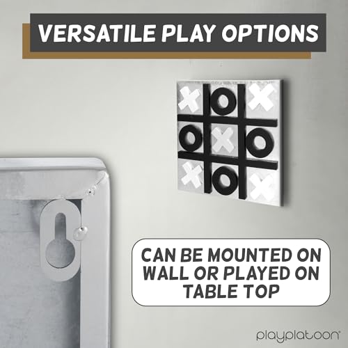 Play Platoon Magnetic Tic Tac Toe Game - Large Metal and Wooden Wall Mounted Board Games - 13.5 Inch Table Top or Wall Mounted Farmhouse Rustic for Game Room - Black & White - color: Black & White