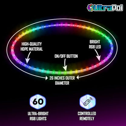 UltraHoop Remote LED Hoop - Wireless Control 60 Color Changing LED Lights w/ 300+ Modes & Patterns - Rechargeable Battery, HDPE Collapsible, Advanced to Beginner Hula Hoops - 26” x 5/8" OD - UltraPoi - size: 26" x 5/8" OD (Advanced)