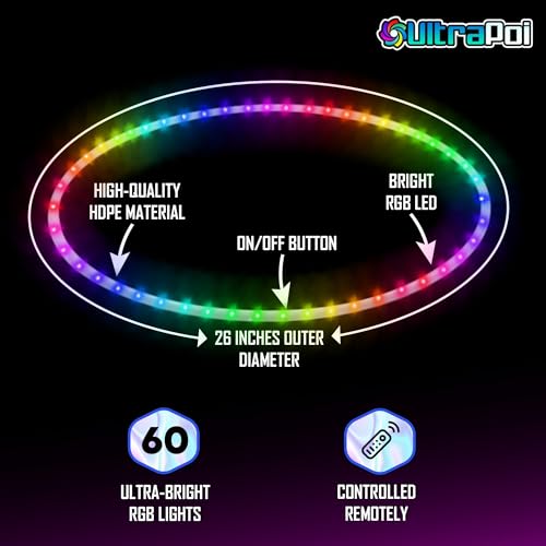 UltraHoop Remote LED Hoop - Wireless Control 60 Color Changing LED Lights w/ 300+ Modes & Patterns - Rechargeable Battery, HDPE Collapsible, Advanced to Beginner Hula Hoops - 34” x 3/4" OD - UltraPoi - size: 34" x 3/4" OD (Most Popular)