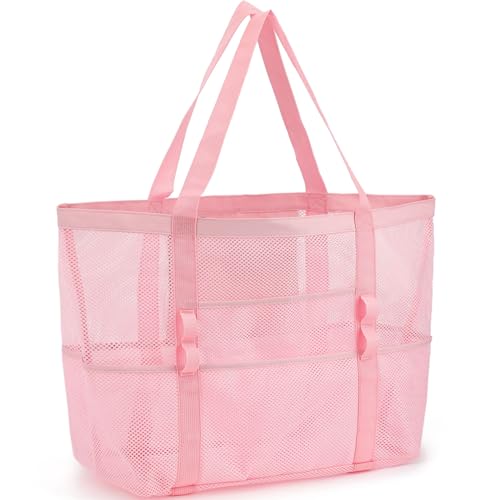 GYEUKHAM Mesh Beach Bag for Women, Sand-Resistant Pool Tote, 9 Pockets (1 Inner Zip), Foldable Family Travel Essentials - color: L-pink