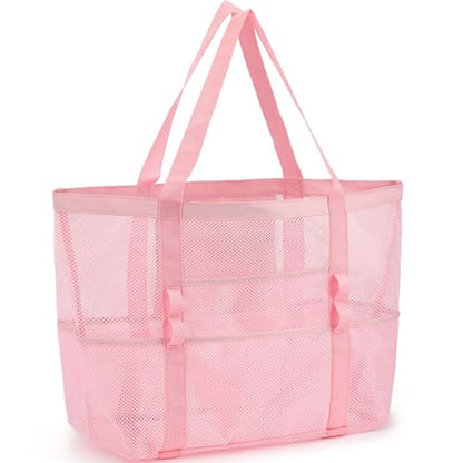 GYEUKHAM Mesh Beach Bag for Women, Sand-Resistant Pool Tote, 9 Pockets (1 Inner Zip), Foldable Family Travel Essentials - color: L-pink