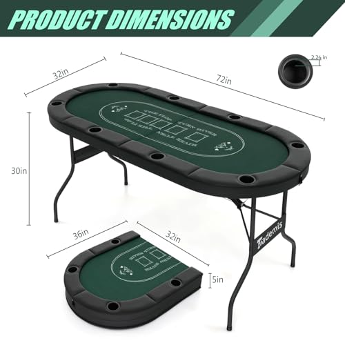 8 Player Foldable Poker Table Top 4-in-1 Casino Game Set for Texas Hold'em, Blackjack, Hi-Lo Dice & Roulette, Portable Folding Table Mat with Cup Holders & Full Props for Home Party, Game Night
