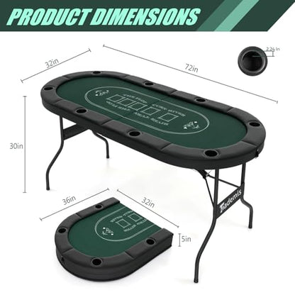 8 Player Foldable Poker Table Top 4-in-1 Casino Game Set for Texas Hold'em, Blackjack, Hi-Lo Dice & Roulette, Portable Folding Table Mat with Cup Holders & Full Props for Home Party, Game Night