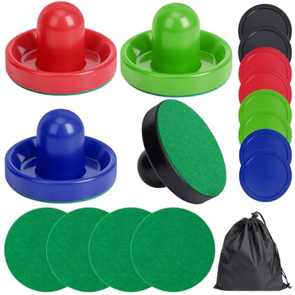 Coopay Air Hockey Paddles and Pucks, Air Hockey Pushers with Nylon Storage Bag, Goal Handles Paddles Replacement Accessories for Game Tables(4 Pushers 96mm with Pads, 8 Pucks 64mm) - color: Red, Black, Blue, Green