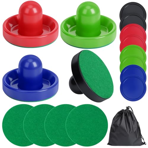 Coopay Air Hockey Paddles and Pucks, Air Hockey Pushers with Nylon Storage Bag, Goal Handles Paddles Replacement Accessories for Game Tables(4 Pushers 96mm with Pads, 8 Pucks 64mm) - color: Red, Black, Blue, Green