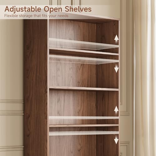 5-Tier Tall Bookshelf with Cabinet, 71" Fluted Bookcase with Sliding Door, Adjustable Display Shelf, Free Standing Cube Storage Organizer, Wood Shelving Unit for Living Room, Home Office, Walnut