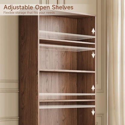 5-Tier Tall Bookshelf with Cabinet, 71" Fluted Bookcase with Sliding Door, Adjustable Display Shelf, Free Standing Cube Storage Organizer, Wood Shelving Unit for Living Room, Home Office, Walnut