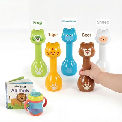 Mini Toddler Bowling Set Ages 1-5 with 10 Plastic Pins (5 Forest Animals) and 2 Balls, Lightweight Indoor Montessori-Inspired First Birthday Gift for Toddler Boys Girls