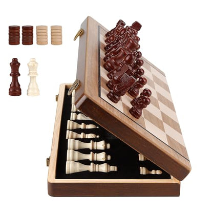Hvygss 15 Inch Magnetic Chess Board, Foldable Wooden Chess Set with Checkers, Handcrafted Pieces with 2 Extra Queens, Portable Travel Board Game for Kids 6+ (Walnut Style, 15 Inch)