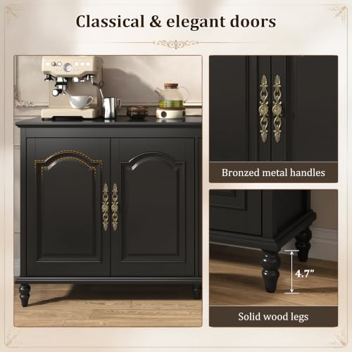 Hlivelood 65" Buffet Cabinet with Storage, Mid Century Modern Sideboard with Adjustable Shelves, Paint Cabinet, Wood Carving Design, Brass Carved Handles & Solid Wood Gourd Legs, Classic Black - color: Classic Black