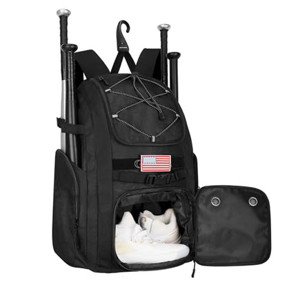 Goloni Baseball Bag, 60L Capacity Softball bag Holds 4 Bats for Youth & Adult, Baseball Bat Backpack with Shoes Compartment,Helmet Holder,Fence for Hook T-Ball, Softball Equipment, Baseball Gear - color: Black