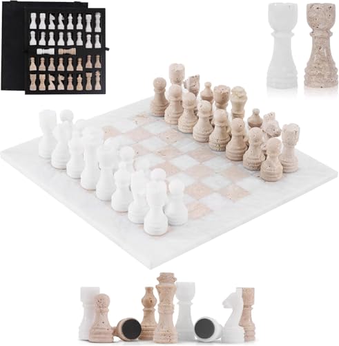 Marble Chess Set for Adults 12 Inch Handmade White and Travertine Chess Board Games with Storage Box, Travel Chess Game with 32 Chess Pieces & 2 Extra Queens, Gifts & Home Décor - color: White and Travertine