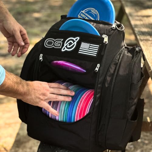 Discology Disc Golf OG Black V3 Disc Golf Bag | 26+ Disc Capacity | Premium Disc Golf Backpack Bag | Durable Design | 2 Large Side Compartments | Three Patches Included