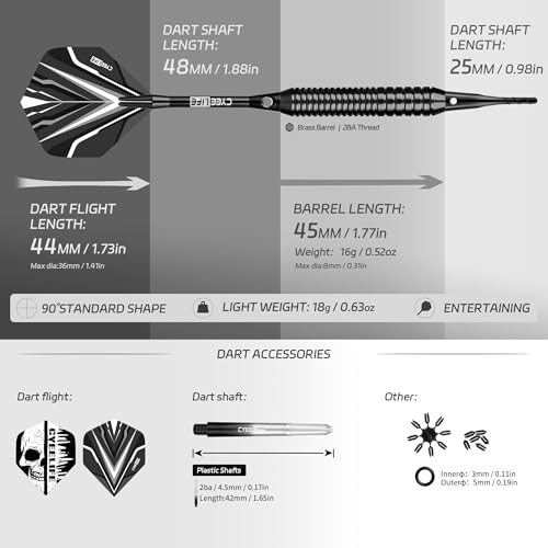 CyeeLife Soft tip Darts Set with Brass Barrel,Professional Darts Plastic Tip,Aluminum/PC Shafts + 6 Flights + 30 Soft Tip + 20 O Ring + 2 Flight Protectors + 1 Dart Case for Electronic Dartboard