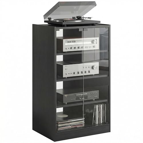 HOMCOM Media Cabinet, 4-Tier Stereo Cabinet for Vinyl Record Player, Gaming Console, AV Record Player Stand with Adjustable Shelves, Push-to-Open Glass Doors and Cable Management, Distressed Black - color: Distressed Black