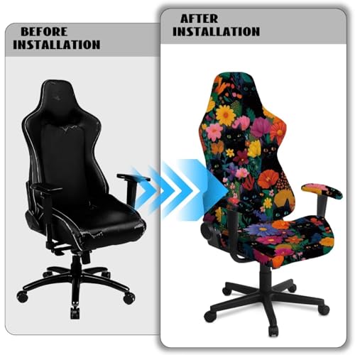 Suobstales Cat Floral Pattern 4-Piece Gaming Chair Slipcover Set, Stretch Elastic Cover with Armrest Covers, Washable Computer Gamer Chair Slipcovers for Racing, Reclining & Ergonomic Office Chairs - color: Cat Floral