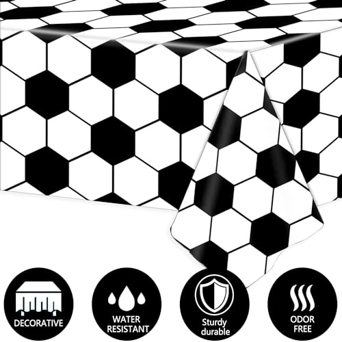 Kesfey 3 Packs Soccer Party Tablecloths 54 x 108 Inches Soccer Sports Ball Table Cover Disposable Waterproof Plastic Soccer Themed Birthday Table Cloth Rectangular Football Tablecloth for Boys Sports - color: Black and White Soccer