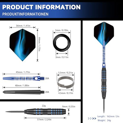 24g Steel Tip Darts Set with Carrying Case | Knurled grip barrels, Aluminum shafts with O-rings, Extra flights, Balanced feel, Practice and league play