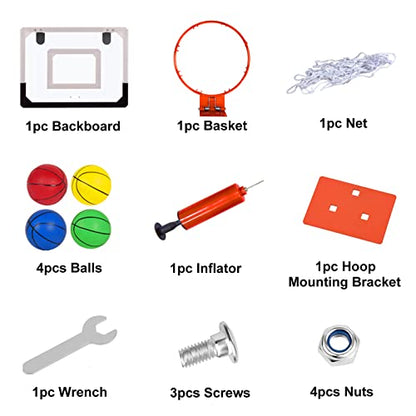 Indoor Mini Basketball Hoop for Kids, Over The Door Basketball Hoop Indoor with 4 Balls & Inflator, Basketball Toys Gifts for 6 7 8 9 10 11 12 Year Old Boys