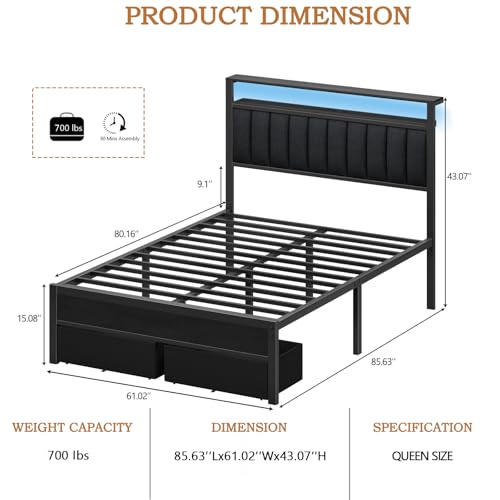 Furnulem Queen Bed Frame with Charging Station and LED Lights, Grey Upholstered Headboard with Shelves, Metal Platform Bed with 2 Under-Bed Storage (Fabric Drawer on Wheels), No Box Spring Needed - size: Queen
