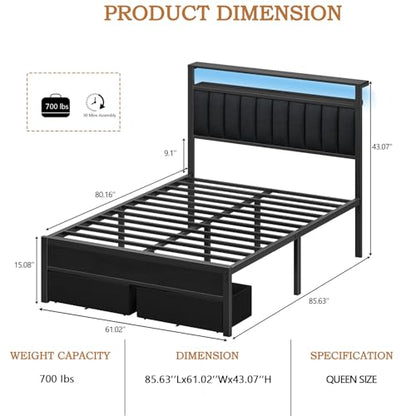 Furnulem Queen Bed Frame with Charging Station and LED Lights, Grey Upholstered Headboard with Shelves, Metal Platform Bed with 2 Under-Bed Storage (Fabric Drawer on Wheels), No Box Spring Needed - size: Queen