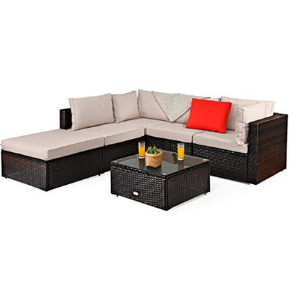 Tangkula 6 Piece Patio Furniture Set, Outdoor Deck Lawn Backyard Durable Steel Frame PE Rattan Wicker Sectional Sofa Set, Conversation Set with Coffee Table (Beige) - color: Beige, size: 6 Pieces