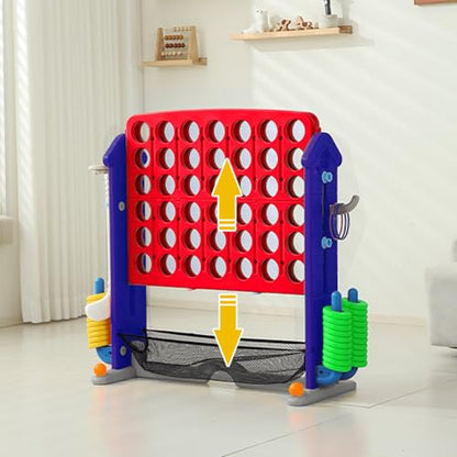 4-to-Score Giant Game Set, 4-in-1 Indoor Outdoor Yard Family Connect Game (4-in-a-Row + Basketball + Ring Toss + Mini Golf), Height Adjustable 2.5–3.3FT, Includes Carry Bag - size: 43"x16"x38"-Blue&Red